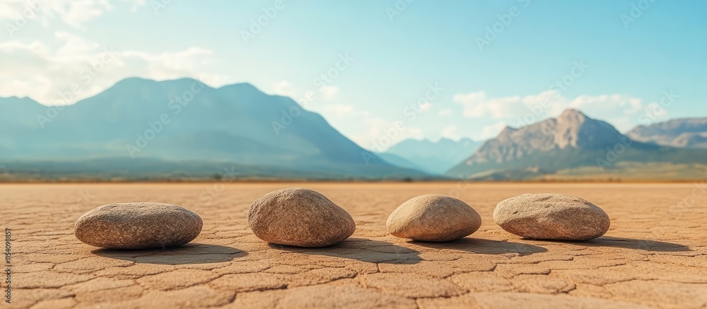 Aufkleber panoramic view of a desert landscape with stones in the foreground and majestic mountains under a cl