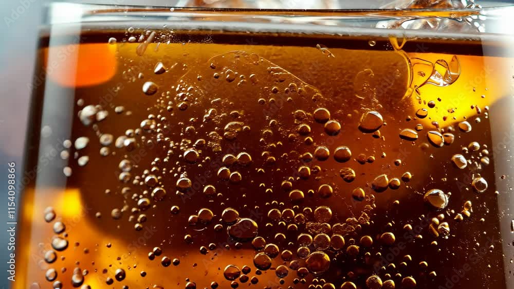 Poster enjoying a refreshing glass of chilled cola with ice and bubbles on a warm summer day, cola with ice