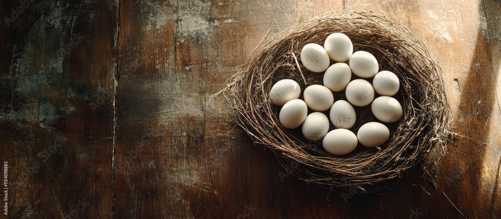 Aufkleber nest of pristine white eggs arranged in a natural rustic nest on a weathered wooden table surface sh