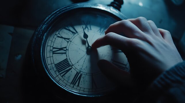 A hand adjusting a countdown clock with a determination to fulfill dreams as the seconds tick away