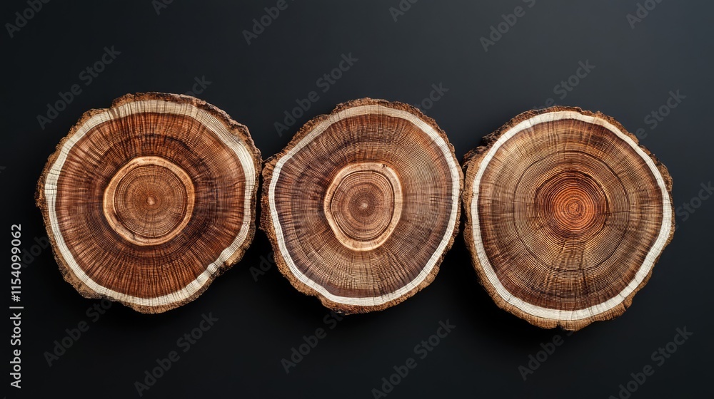 Poster pine tree cross sections displaying annual rings on a black background showcasing natural wood patte