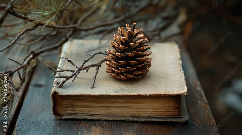 Poster pine cone and dry branch resting on vintage book atop wooden table in rustic setting