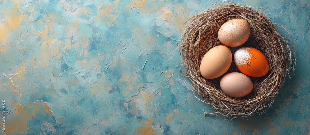 Poster Colorful painted eggs nestled in a nest on a textured paper backdrop Symbolizing spring and Easter with available space for text insertion