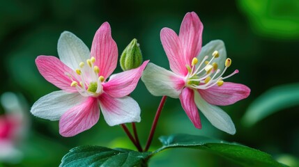 Fototapeta premium Delicate pink and white flower blossoms against a vibrant green backdrop showcasing nature's beauty and intricate details.