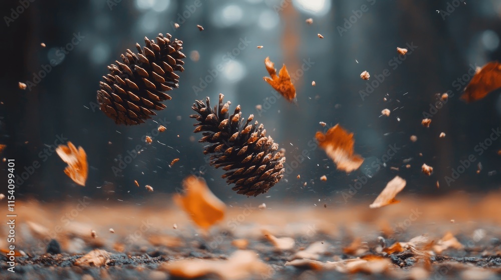 Poster pinecones and autumn leaves gracefully falling in a serene forest setting with a blurred background 