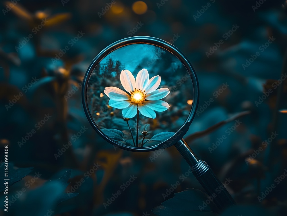 Poster close-up view of a magnified flower surrounded by lush greenery under soft light with a dreamy blue 