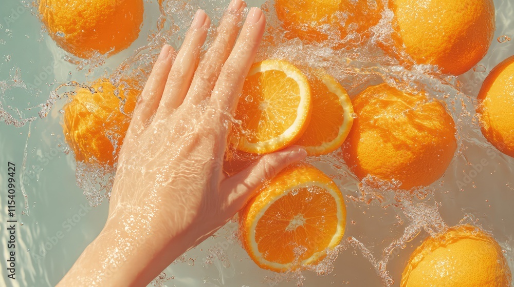 Poster overhead view of hand squeezing fresh oranges with water splashes and vibrant citrus fruit in bright