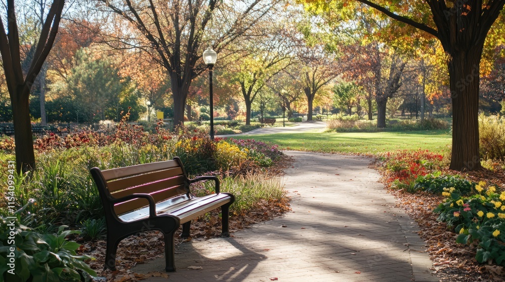 Poster serene autumn park pathway with a wooden bench surrounded by colorful foliage and sunlight filtering
