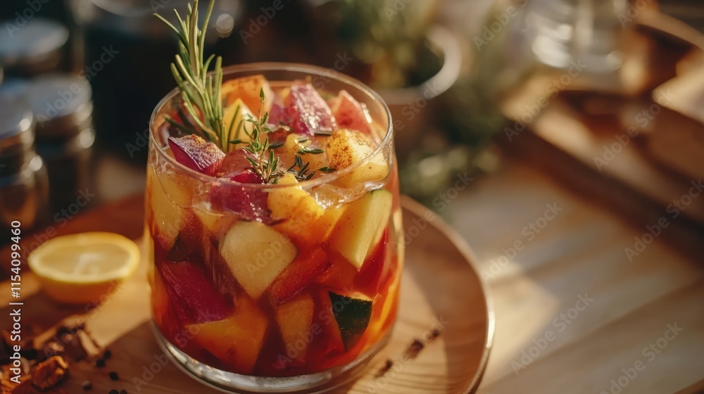 Poster colorful mixed fruit salad with herbs and spices served in a glass on a rustic wooden table with fre