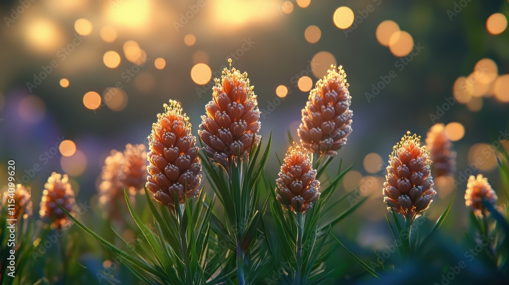 Poster Pine flowers transforming into cones during late spring with soft bokeh background and warm lighting effects.
