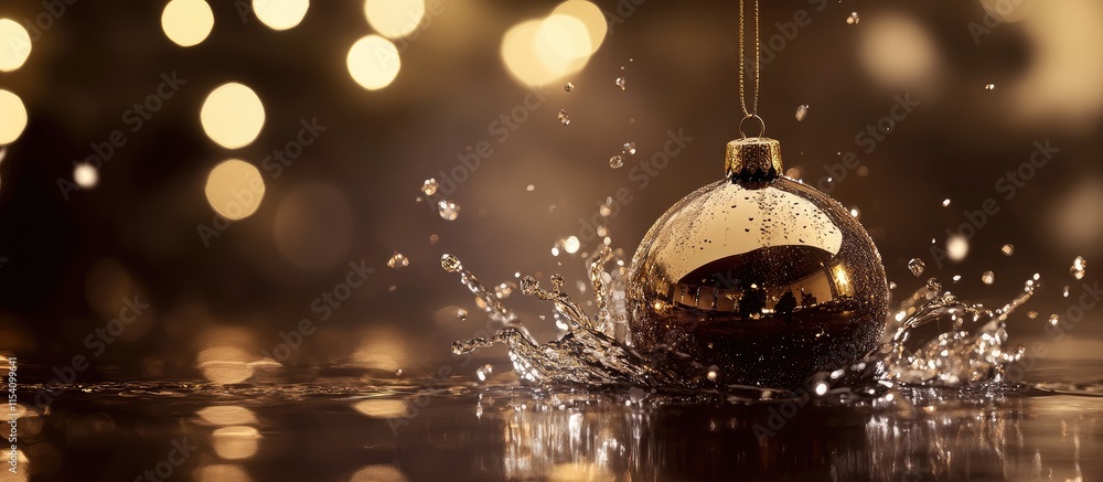 Aufkleber christmas bauble splashing into water with bokeh lights in dark background creating a festive and ma