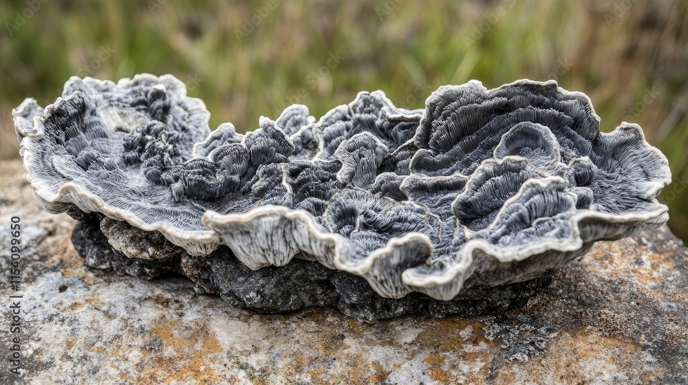Aufkleber close-up of a unique gray fungus growing on a rock in a natural outdoor setting showcasing intricate
