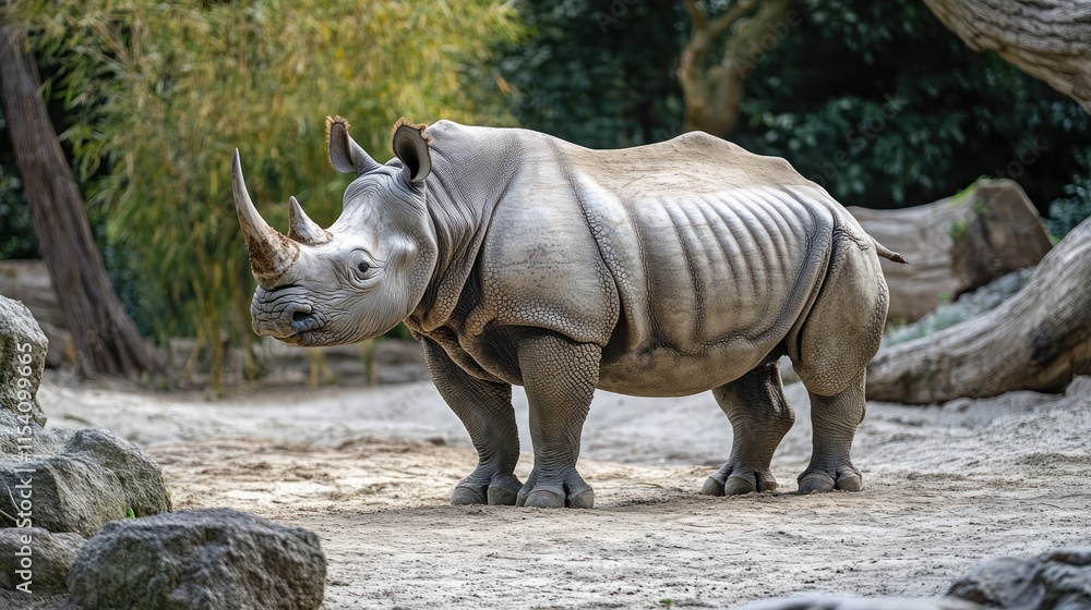 Poster rhino standing in a natural habitat showcasing its distinctive features and textures surrounded by r