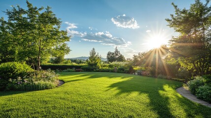 Naklejka premium Lush green garden landscape under bright sunlight showcasing vibrant nature and clear skies in a peaceful outdoor setting