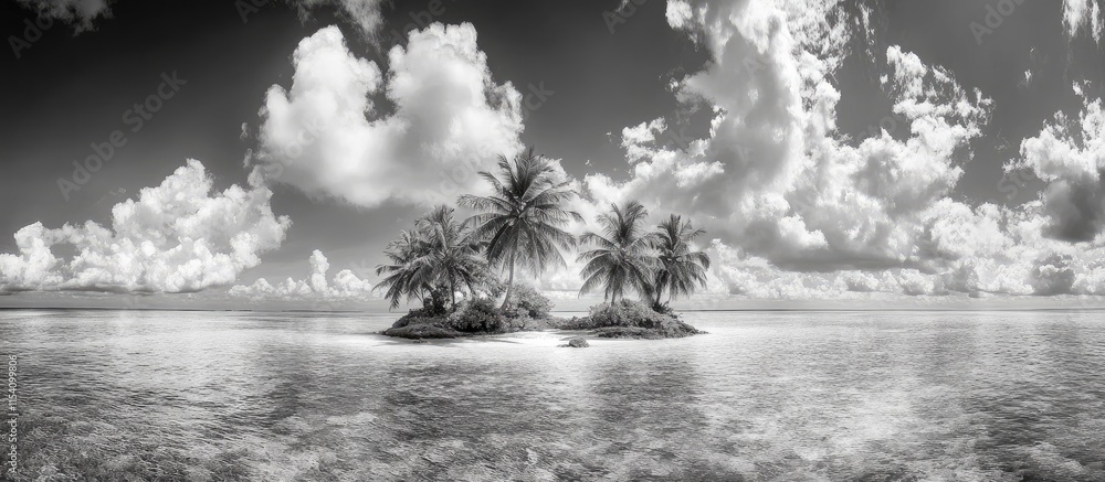 Poster stunning black and white panoramic view of a serene island with palm trees against a dramatic sky an