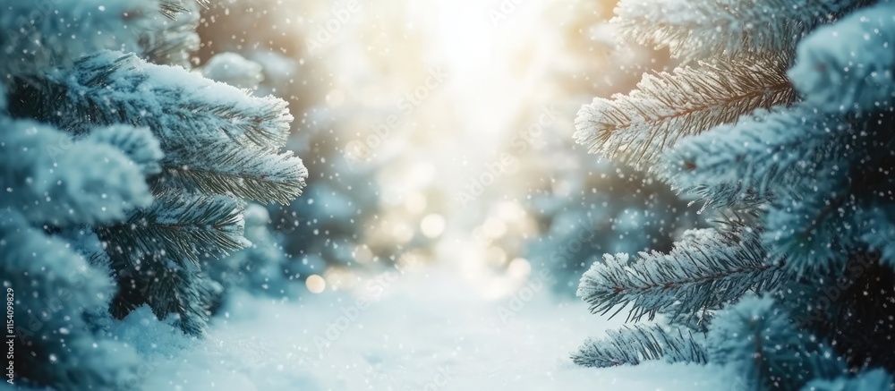 Poster ornamental winter frame with snow-covered fir trees and a soft glowing background ideal for new year