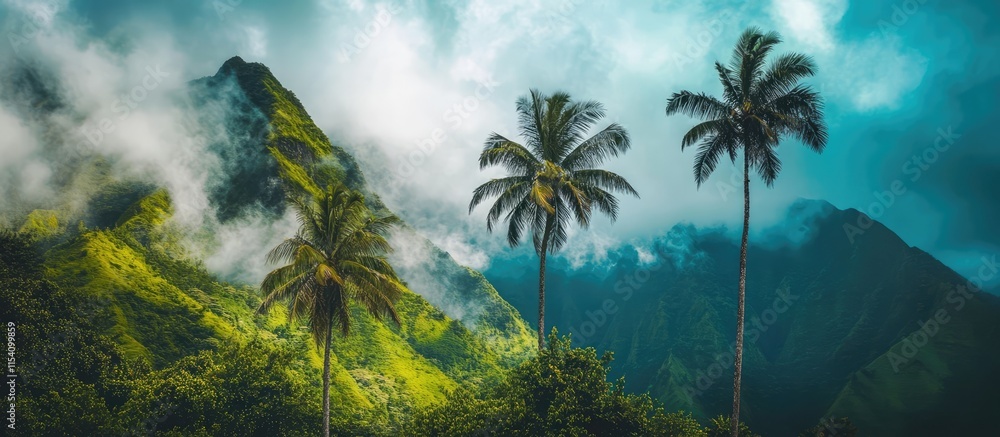 Poster lush palm trees framed by verdant mountains under a dramatic cloudy sky creating a serene tropical l