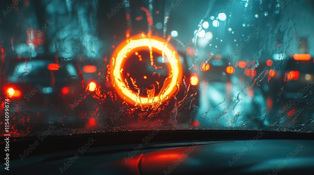 Poster Abstract urban night scene with blurred colorful lights and rain on windshield creating a vibrant and atmospheric backdrop