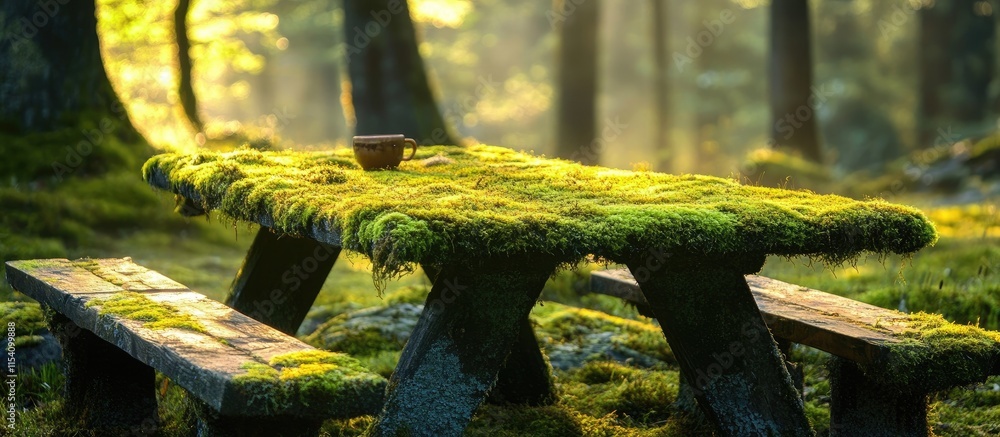 Poster moss-covered picnic table in a sunlit forest setting surrounded by trees and greenery