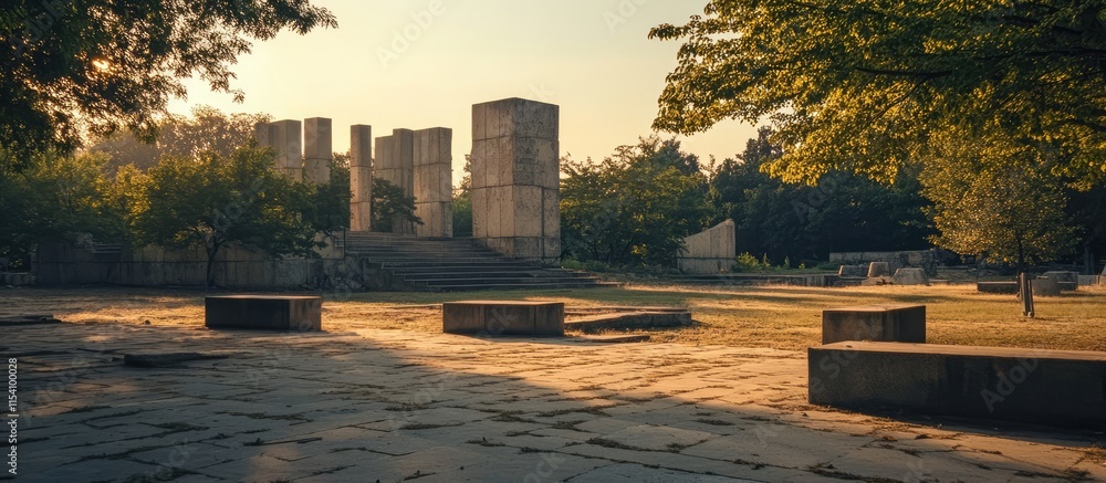 Poster park setting with historic anniversary structures under warm sunlight surrounded by trees and stone 