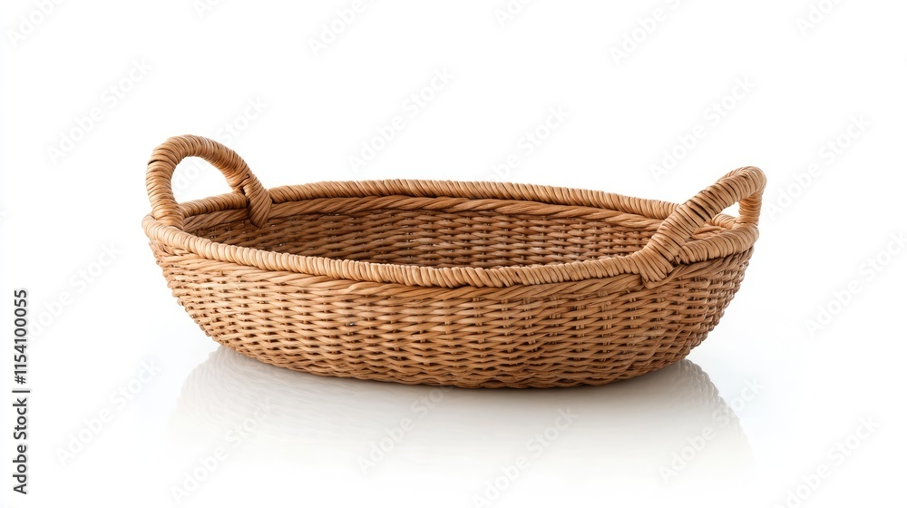 Poster oval wicker basket with handles displayed on a white background showcasing a slight reflection for a