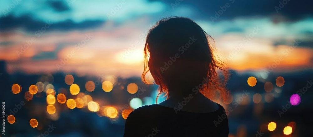 Poster silhouette of a woman against a stunning sunset view with city lights creating a dreamy bokeh effect