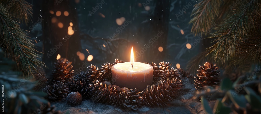 Poster candle surrounded by pine cones creating a serene new year backdrop in a forest setting illuminated 