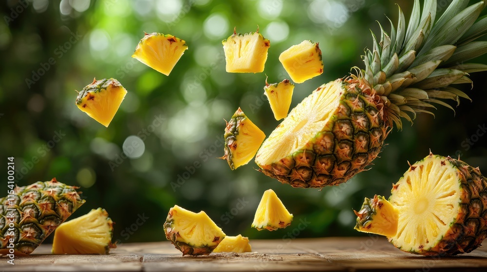 Aufkleber pineapple slices floating in the air creating a refreshing summer ambiance with a vibrant green back