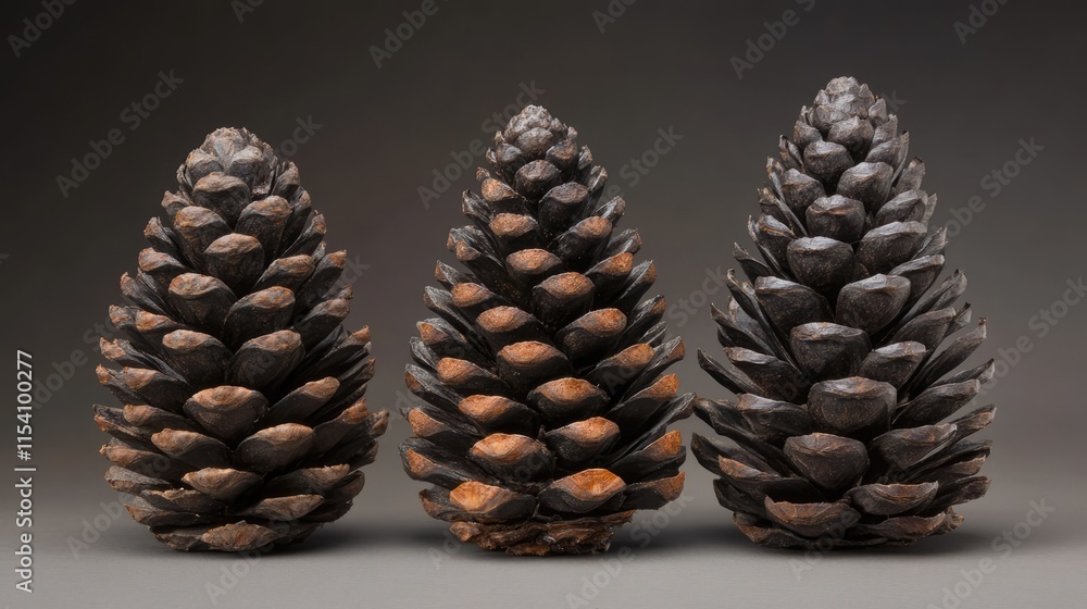 Poster larch pine cones displayed in a row showcasing their unique textures and colors against a dark backg