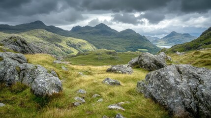 Dramatic overcast sky illuminating a rugged rocky landscape with lush green hills and distant mountains under moody atmospheric conditions