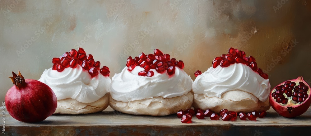 Poster pavlova cake topped with pomegranate seeds showcasing a delightful meringue dessert on a rustic wood