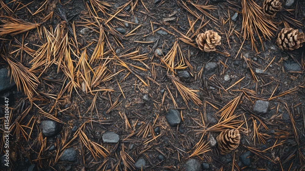 Aufkleber pine needles and cones scattered on a dirt road creating a natural textured background in a forest s
