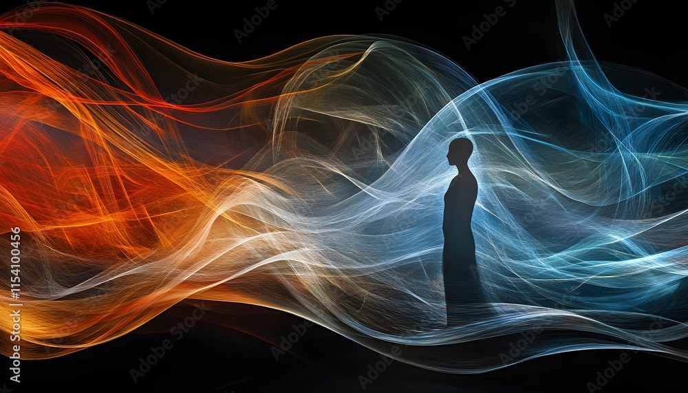 Poster abstract representation of a person standing amidst swirling streams of colorful light, symbolizing 