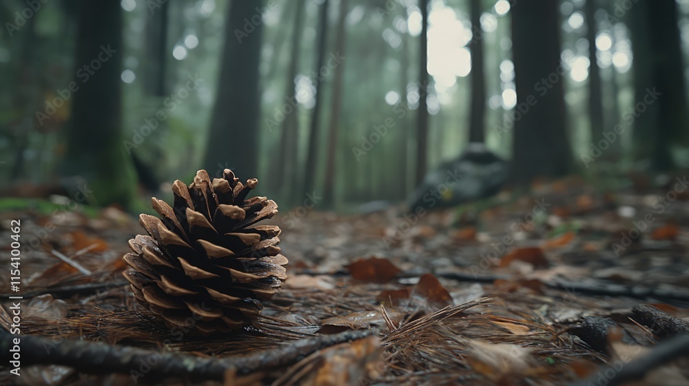 Poster pine cone resting on the forest floor surrounded by lush greenery and soft light filtering through t