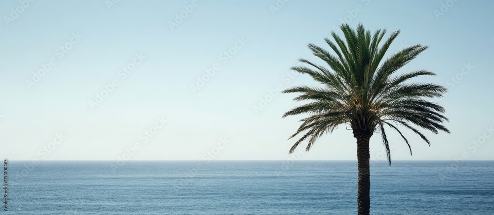 Poster serene palm tree silhouette against a tranquil ocean and clear sky creating a peaceful coastal parad
