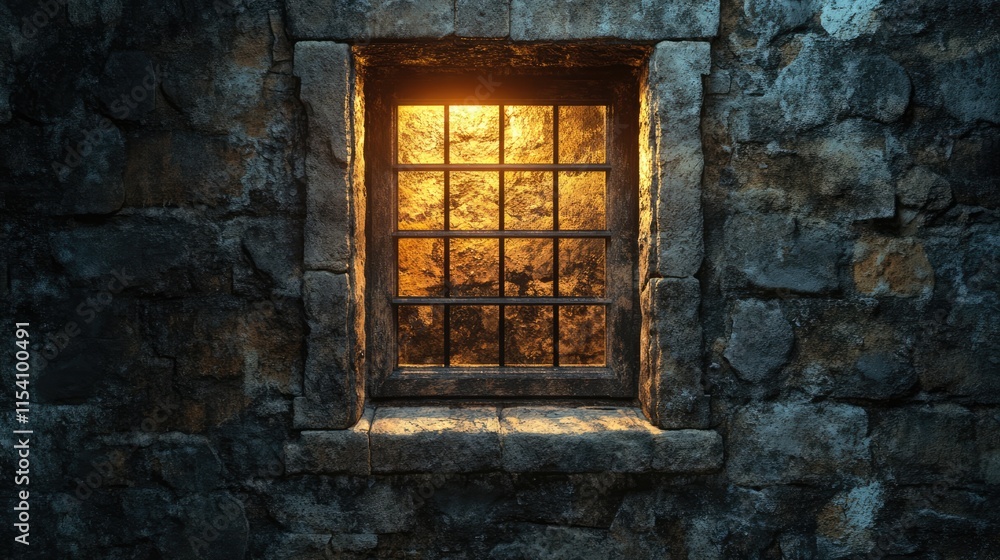 Poster Ornate stone basement window with grid illuminated by warm light creating a mysterious and inviting atmosphere in a historic setting