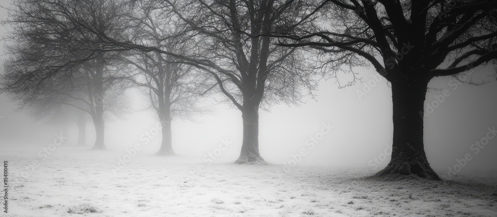 Poster snowy forest landscape with fog and bare trees creating a serene winter atmosphere in monochrome ton
