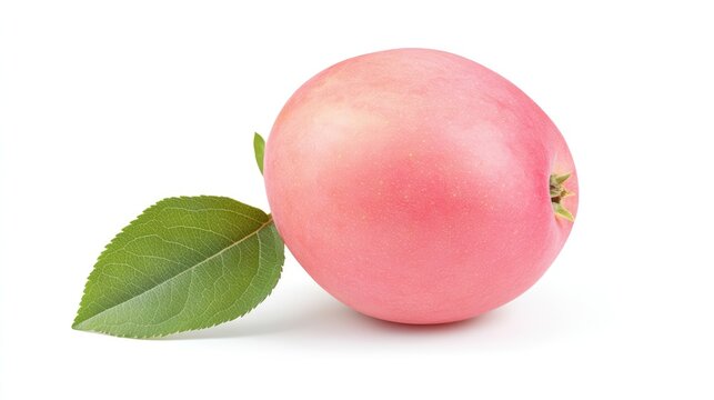 Fresh pink apple with leaf isolated on white background perfect for health and nutrition concepts nature or food related advertisements