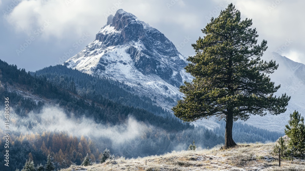 Poster pine tree on a hillside with a snowy mountain peak in the background under a cloudy sky in a serene 