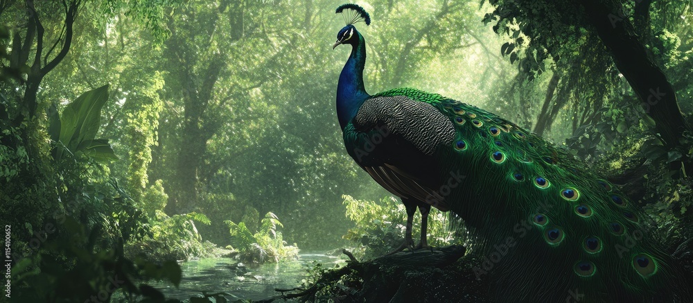 Poster majestic peacock displaying vibrant plumage in a lush green forest setting surrounded by serene natu