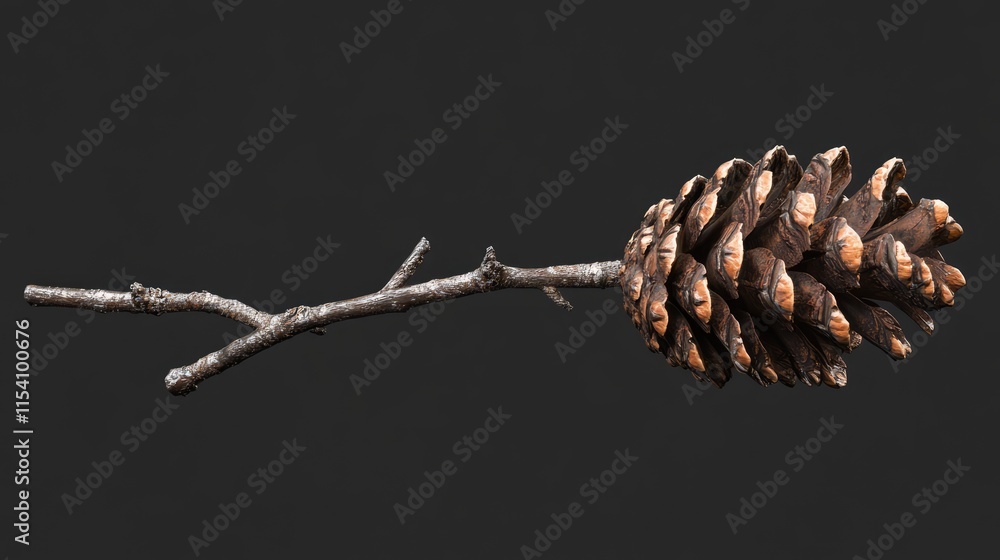 Poster pine cone attached to a branch isolated on a dark background showcasing natural textures and shapes 