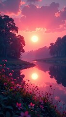 Obraz premium Soft pink hues across the twilight sky with a reflected sun, nature, serene atmosphere, soft focus