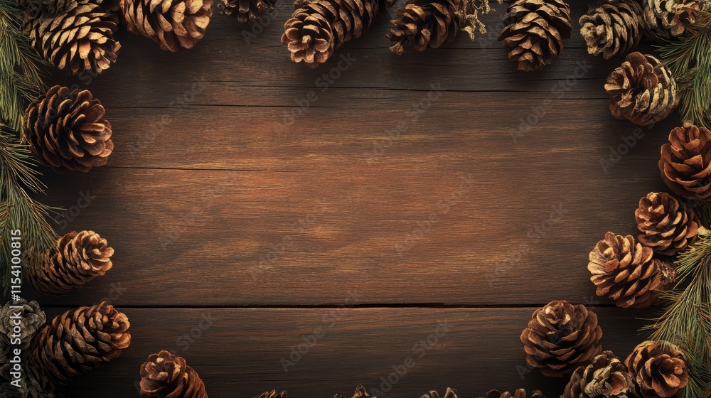 Poster rustic pine cones arranged on a weathered wooden background creating a natural textured frame for se