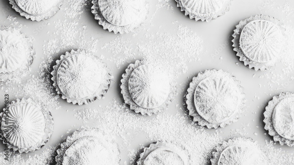 Poster Round pastries dusted with powdered sugar arranged on a gray surface creating a delicate and inviting dessert display.