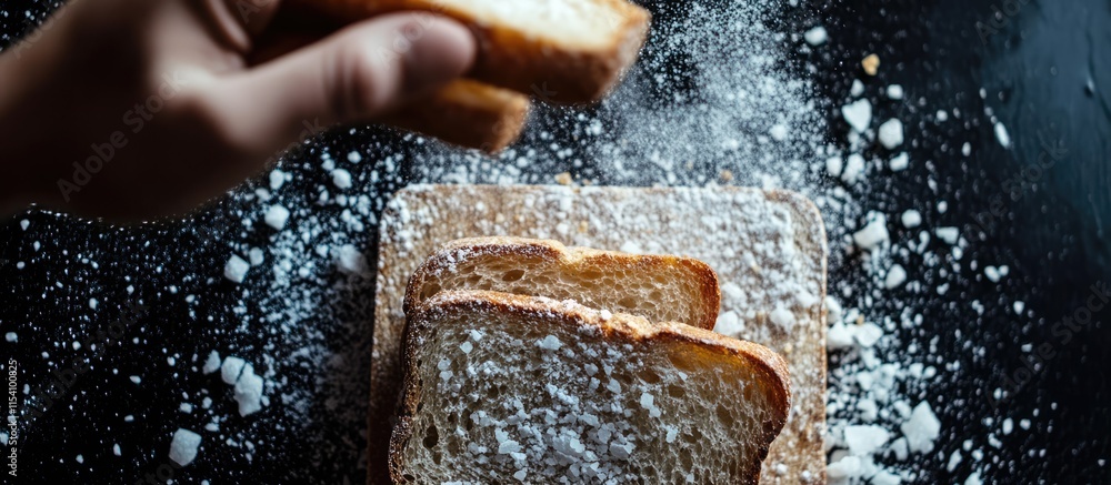 Poster People enjoying slices of bread sprinkled with salt on a rustic wooden table with a dark background showcasing the simple culinary delight.