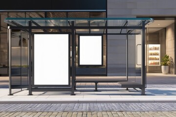 Mockup Of Empty Bus Stop Billboard In Front Of Luxury Store. Two Blank Advertising Poster Sign Boards On The City Street