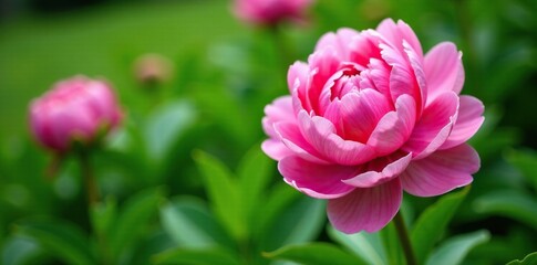 Naklejka premium Pink peony flower with lush green leaves in a garden bed, spring, botanical
