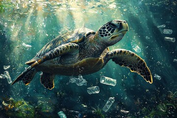 Fototapeta premium sea turtle struggles swim flipper caught in six pack ring while surrounded floating plastic debris in muted ocean colors illuminated midday light.