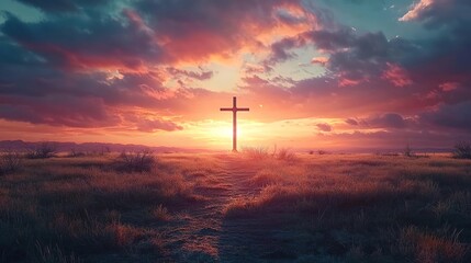 A cross in the middle of an open field with a dramatic sky and sunset.