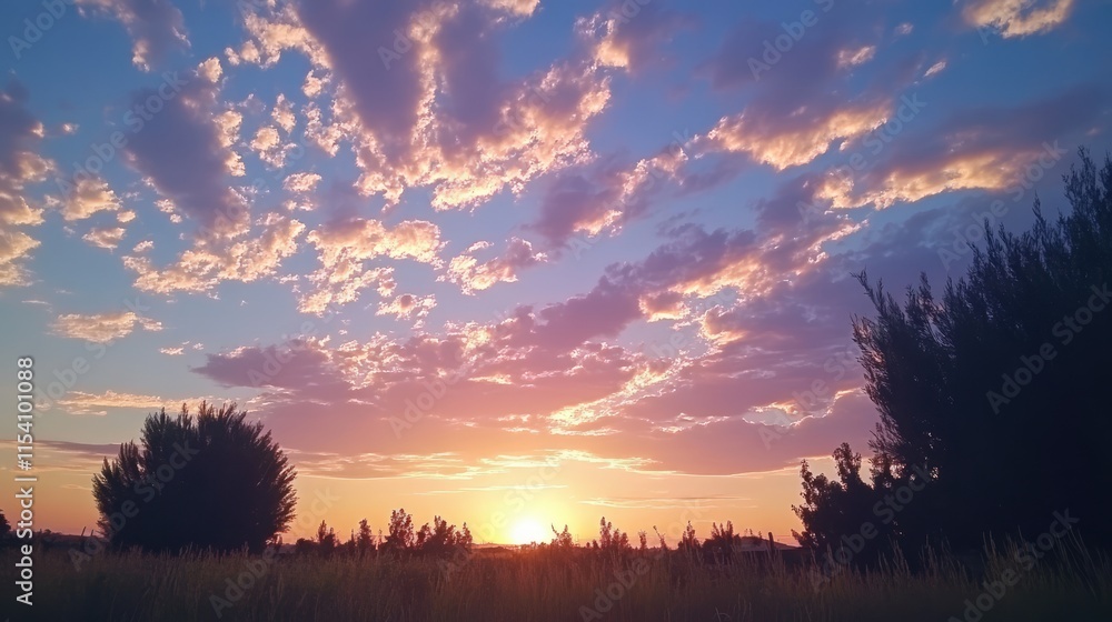 Poster stunning sunset over grassy fields with vibrant clouds and sky colors creating a breathtaking outdoo